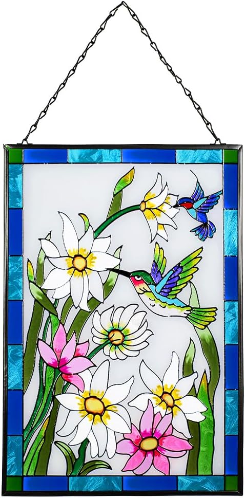 Viveta Hummingbird Stained Glass Window Hanging, Window Suncatchers with Chain, Bird and Flowers Stained Glass Panels for Windows Home Wall Art Decor(Rectangular 15 * 10")