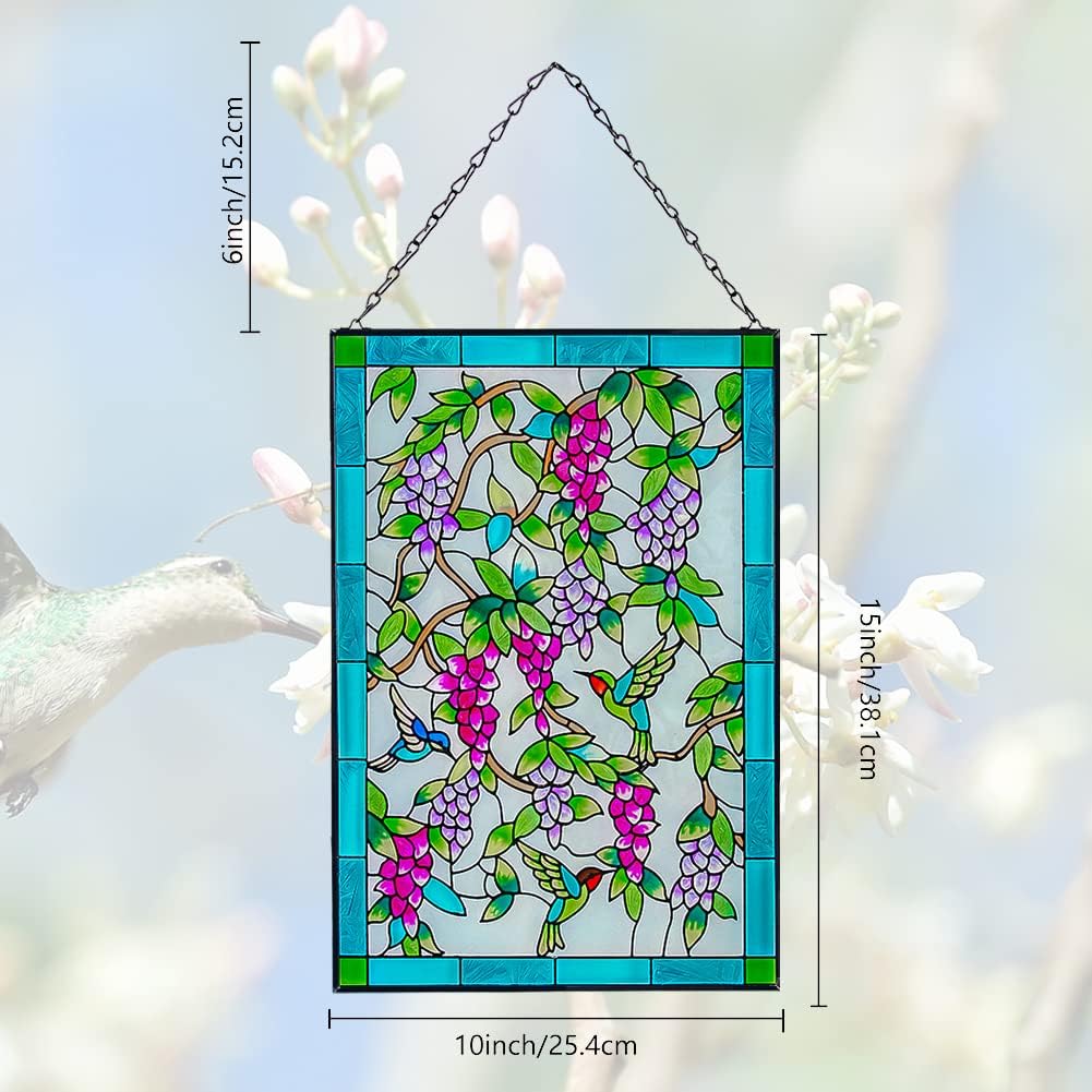 Viveta Hummingbird Stained Glass Window Hanging, Window Suncatchers with Chain, Bird and Flowers Stained Glass Panels for Windows Home Wall Art Decor(Rectangular 15 * 10")