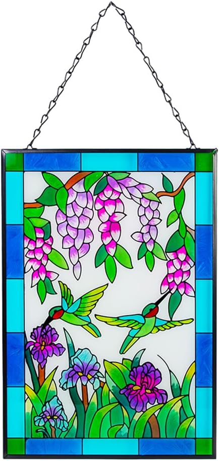 Viveta Hummingbird Stained Glass Window Hanging, Window Suncatchers with Chain, Bird and Flowers Stained Glass Panels for Windows Home Wall Art Decor(Rectangular 15 * 10")