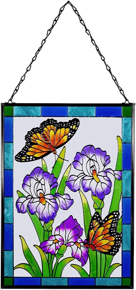 Viveta Hummingbird Stained Glass Window Hanging, Window Suncatchers with Chain, Bird and Flowers Stained Glass Panels for Windows Home Wall Art Decor(Rectangular 15 * 10")