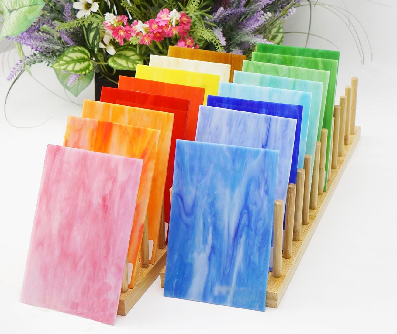 Lanyani 26 Sheets Sparkly Iridescent Stained Glass Sheets Variety Assortment Pack, Opaque Shimmery Art Glass Sheets for Mosaic DIY Glass Crafts,4x6 inches