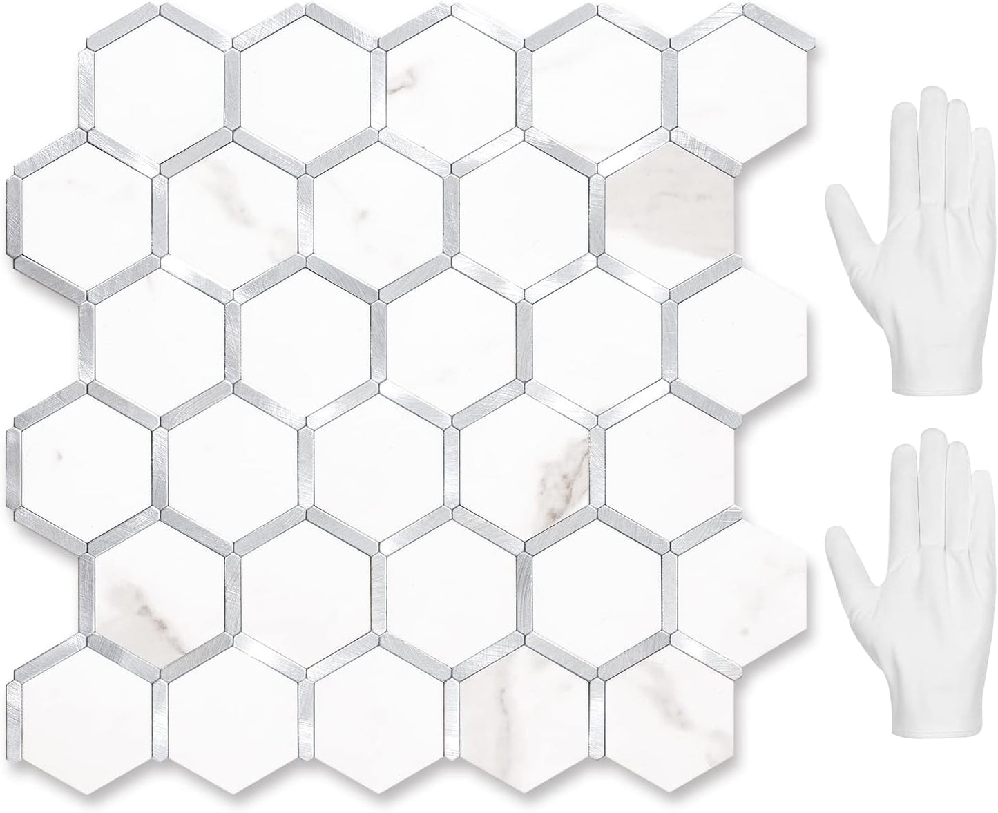 STICKGOO Hexagon Peel and Stick Backsplash Tile, Stick on Backsplash for Kitchen and Bathroom, Beige Marble Look PVC Mixed Metal Gold Self Adhesive Wall Tiles(10 Sheets, Seamless)