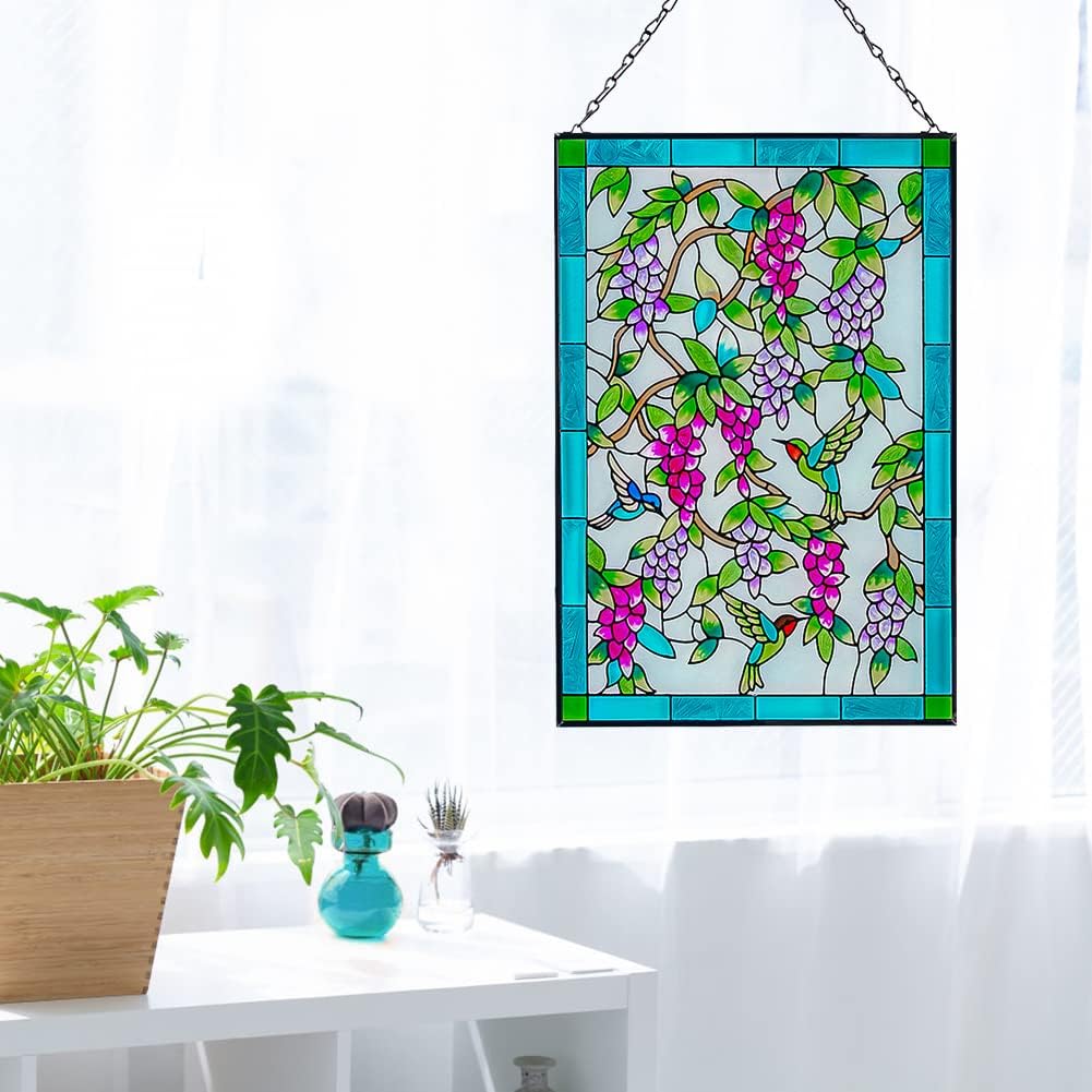 Viveta Hummingbird Stained Glass Window Hanging, Window Suncatchers with Chain, Bird and Flowers Stained Glass Panels for Windows Home Wall Art Decor(Rectangular 15 * 10")