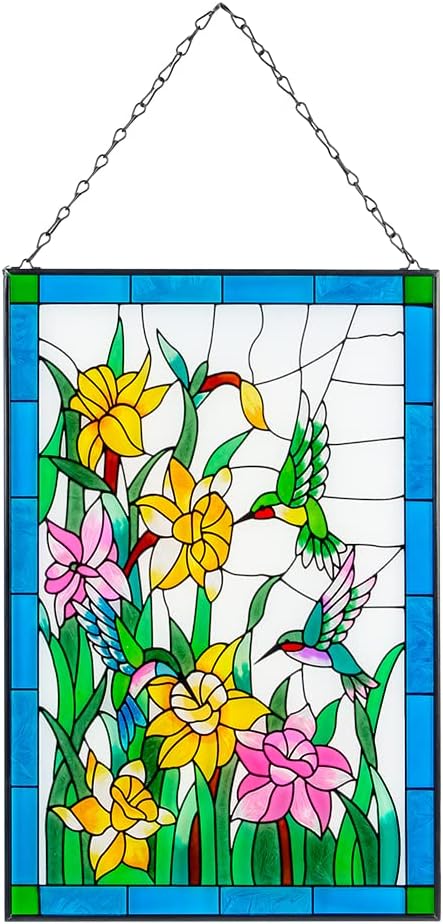 Viveta Hummingbird Stained Glass Window Hanging, Window Suncatchers with Chain, Bird and Flowers Stained Glass Panels for Windows Home Wall Art Decor(Rectangular 15 * 10")