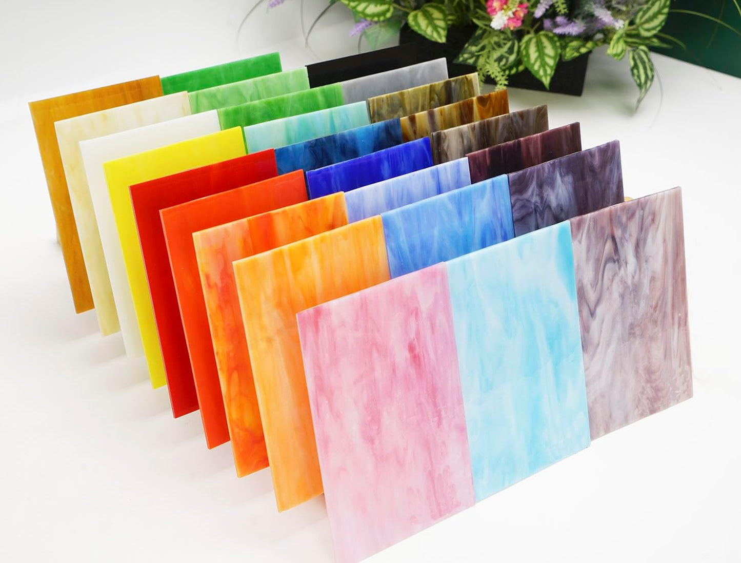 Lanyani 26 Sheets Sparkly Iridescent Stained Glass Sheets Variety Assortment Pack, Opaque Shimmery Art Glass Sheets for Mosaic DIY Glass Crafts,4x6 inches