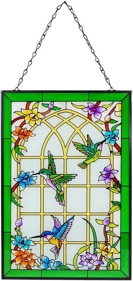 Viveta Hummingbird Stained Glass Window Hanging, Window Suncatchers with Chain, Bird and Flowers Stained Glass Panels for Windows Home Wall Art Decor(Rectangular 15 * 10")