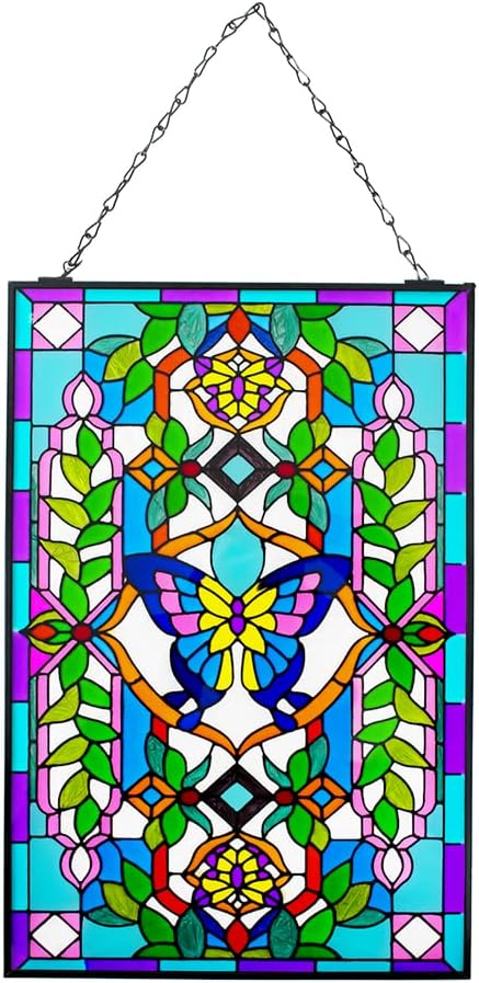 Viveta Hummingbird Stained Glass Window Hanging, Window Suncatchers with Chain, Bird and Flowers Stained Glass Panels for Windows Home Wall Art Decor(Rectangular 15 * 10")