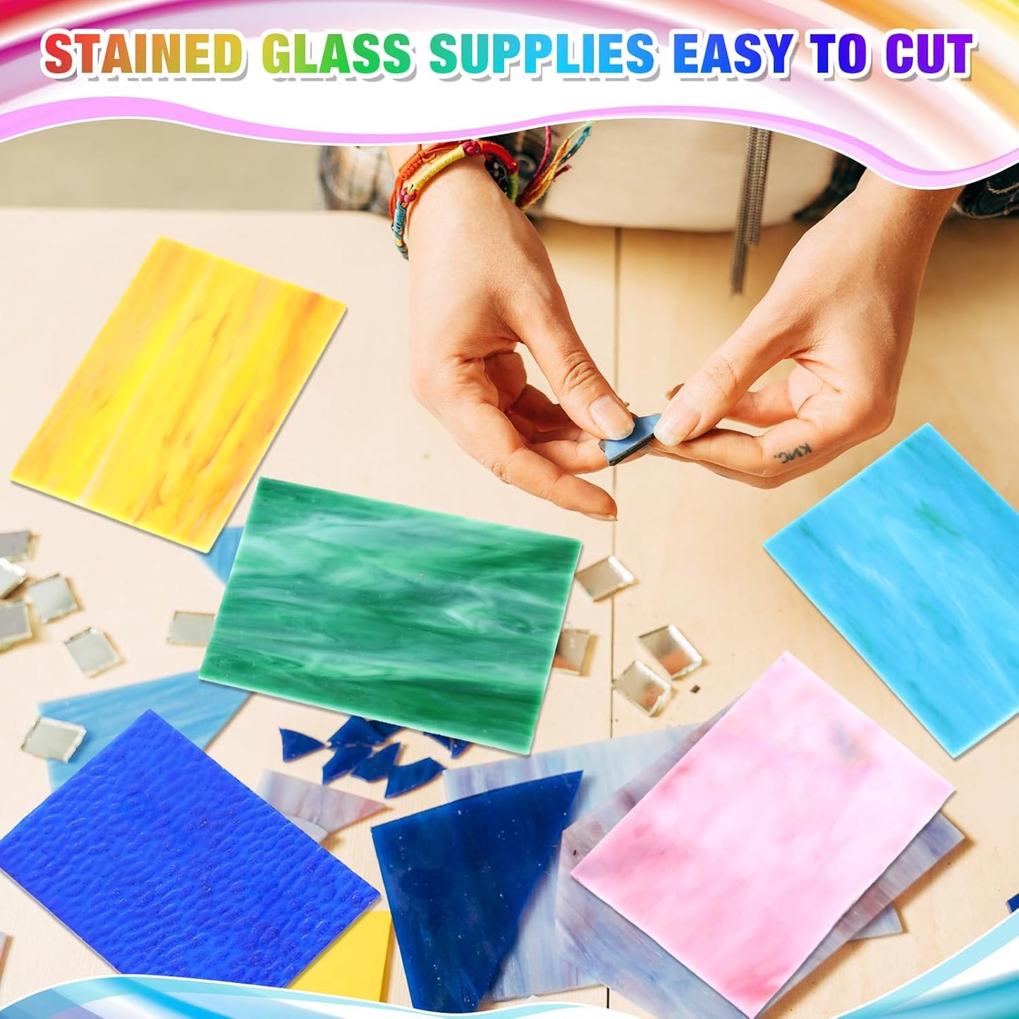 Nuanchu 72 Sheets Variety Stained Glass Sheets Pack 4 x 6 Inch Cathedral Art Glass Supplies Mosaic Tiles Transparent Iridescent Streaky 6 Color Schemes for Crafts Bright Color for DIY Home