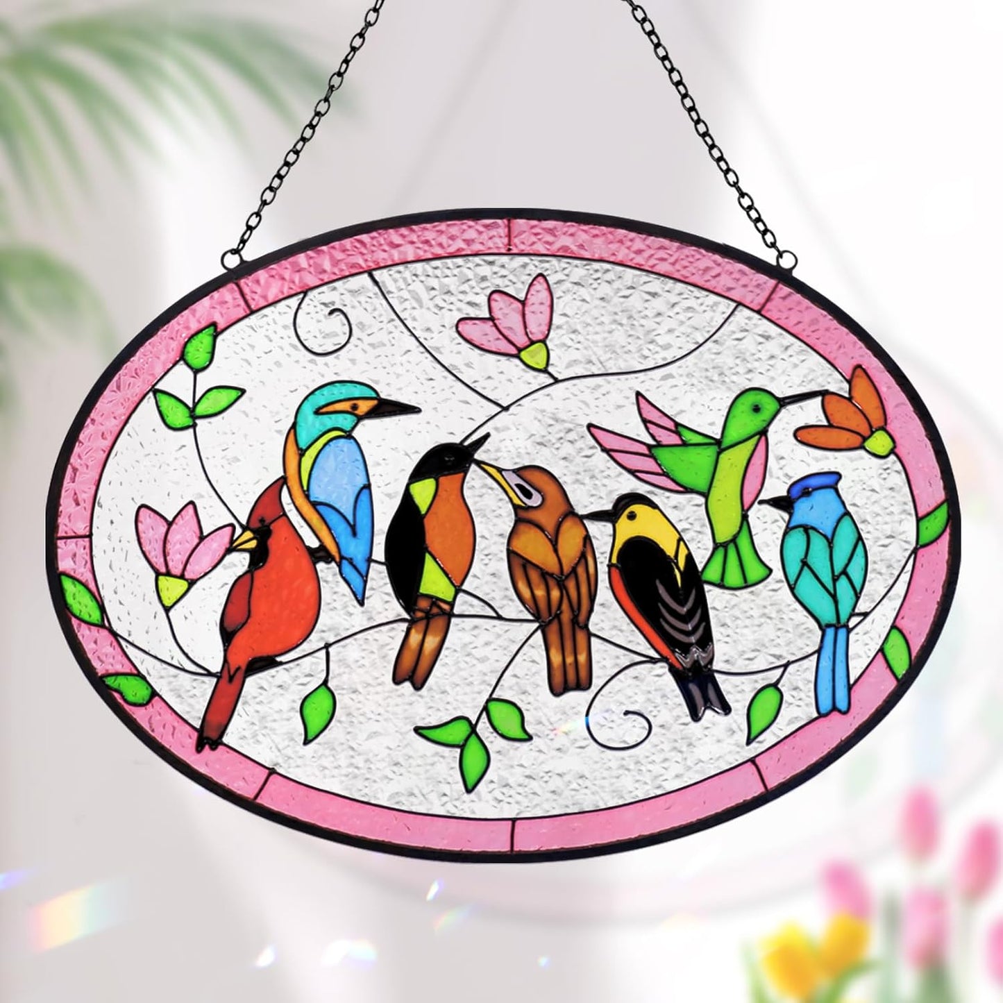 Huray Rayho Birds On Branch Stained Glass Suncatcher Cardinal Hummingbird Kingfisher Double Side Glass Panel Window Hanging Decor Bird Ornament Bird Lover Gift for Mom Grandma