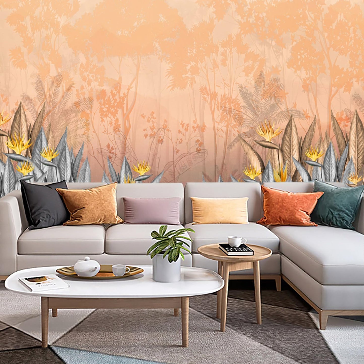 Grey Gold Forest Wallpaper, Beautiful Ink Charm, Mountain Forest, Freehand Bedroom Background Mural(Non-self-Adhesive Wall Stickers)