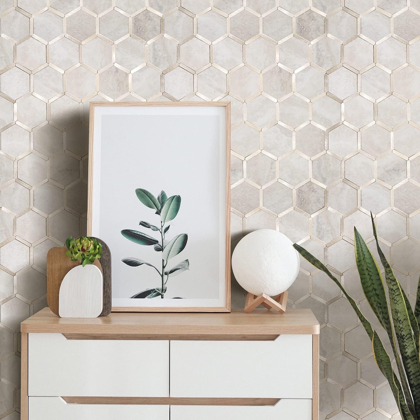 STICKGOO Hexagon Peel and Stick Backsplash Tile, Stick on Backsplash for Kitchen and Bathroom, Beige Marble Look PVC Mixed Metal Gold Self Adhesive Wall Tiles(10 Sheets, Seamless)