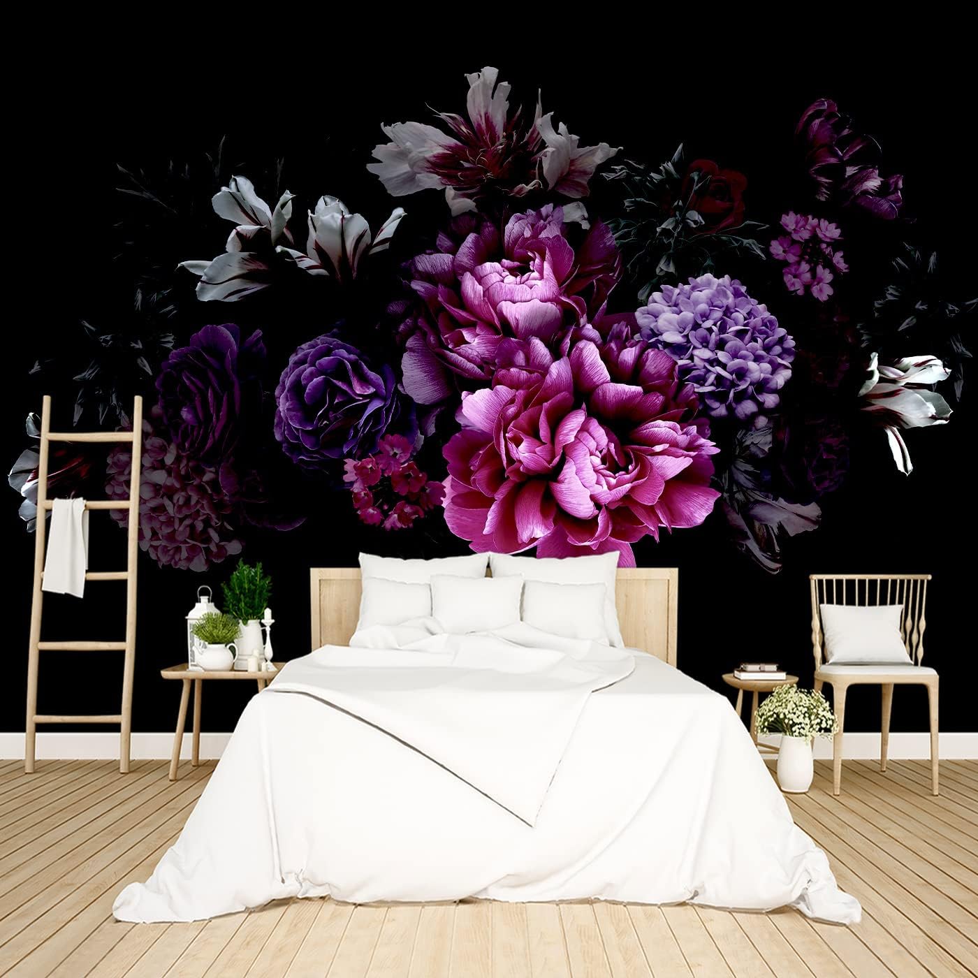 Grey Peony Floral Wallpaper Bedroom Black and White Botanical Flowers Leaf murals Aesthetic Room Decor Living Room tv Background Large Wall Mural - 91"x65" Not Peel and Stick