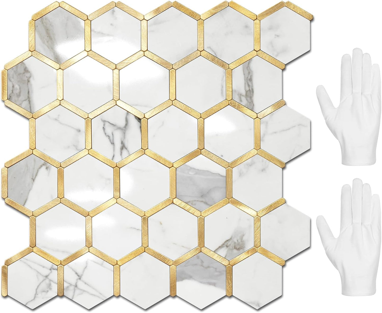 STICKGOO Hexagon Peel and Stick Backsplash Tile, Stick on Backsplash for Kitchen and Bathroom, Beige Marble Look PVC Mixed Metal Gold Self Adhesive Wall Tiles(10 Sheets, Seamless)