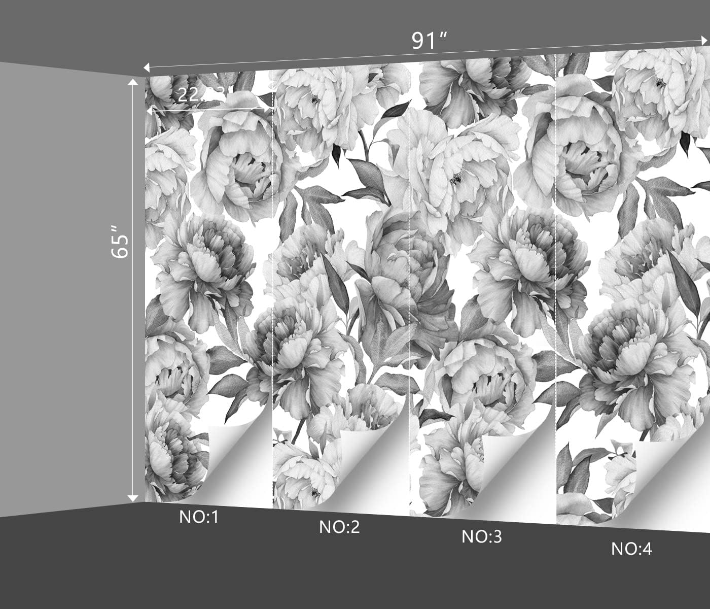 Grey Peony Floral Wallpaper Bedroom Black and White Botanical Flowers Leaf murals Aesthetic Room Decor Living Room tv Background Large Wall Mural - 91"x65" Not Peel and Stick
