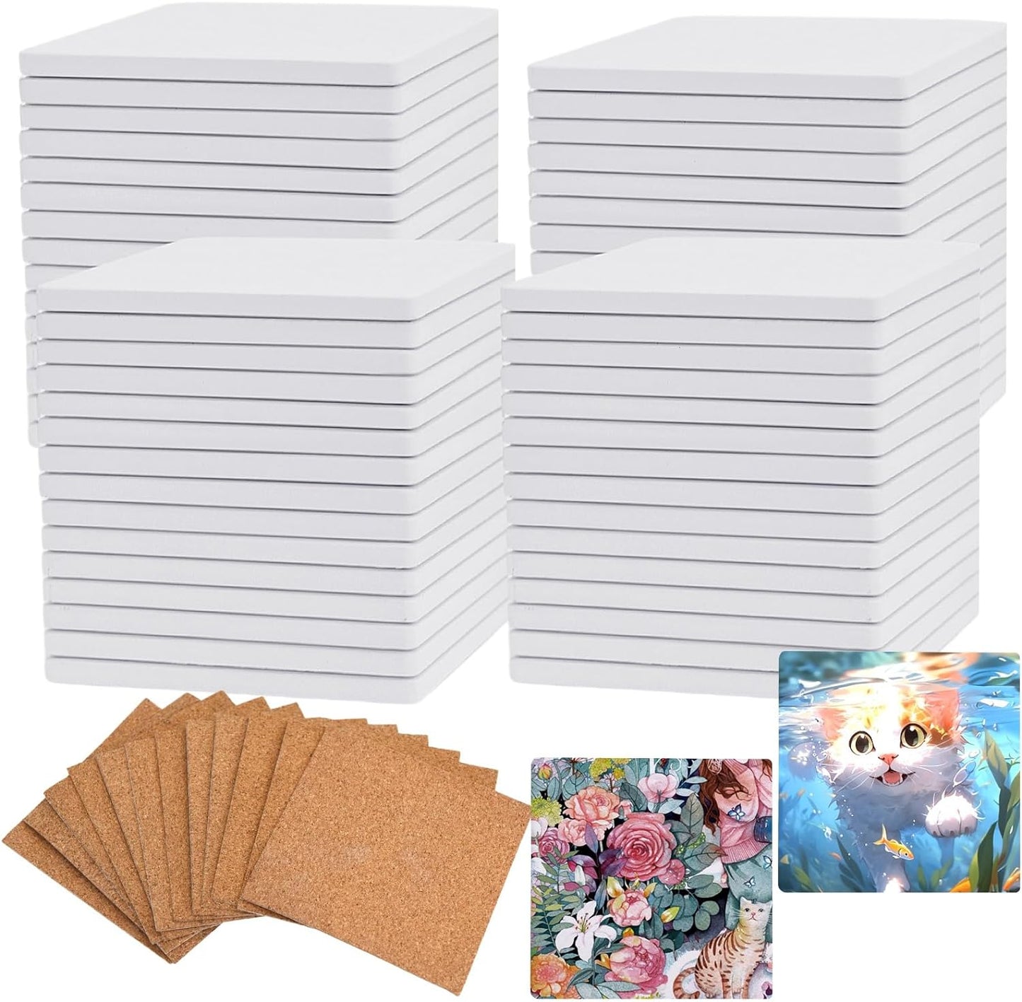 24 Pcs Ceramic Tiles for Crafts Ceramic Coasters for Crafts Blank White Unglazed Ceramic Tile for Painting, Alcohol Ink, Acrylic Pouring - DIY Coaster - Cork Backing Pads Included (4x4 inch)