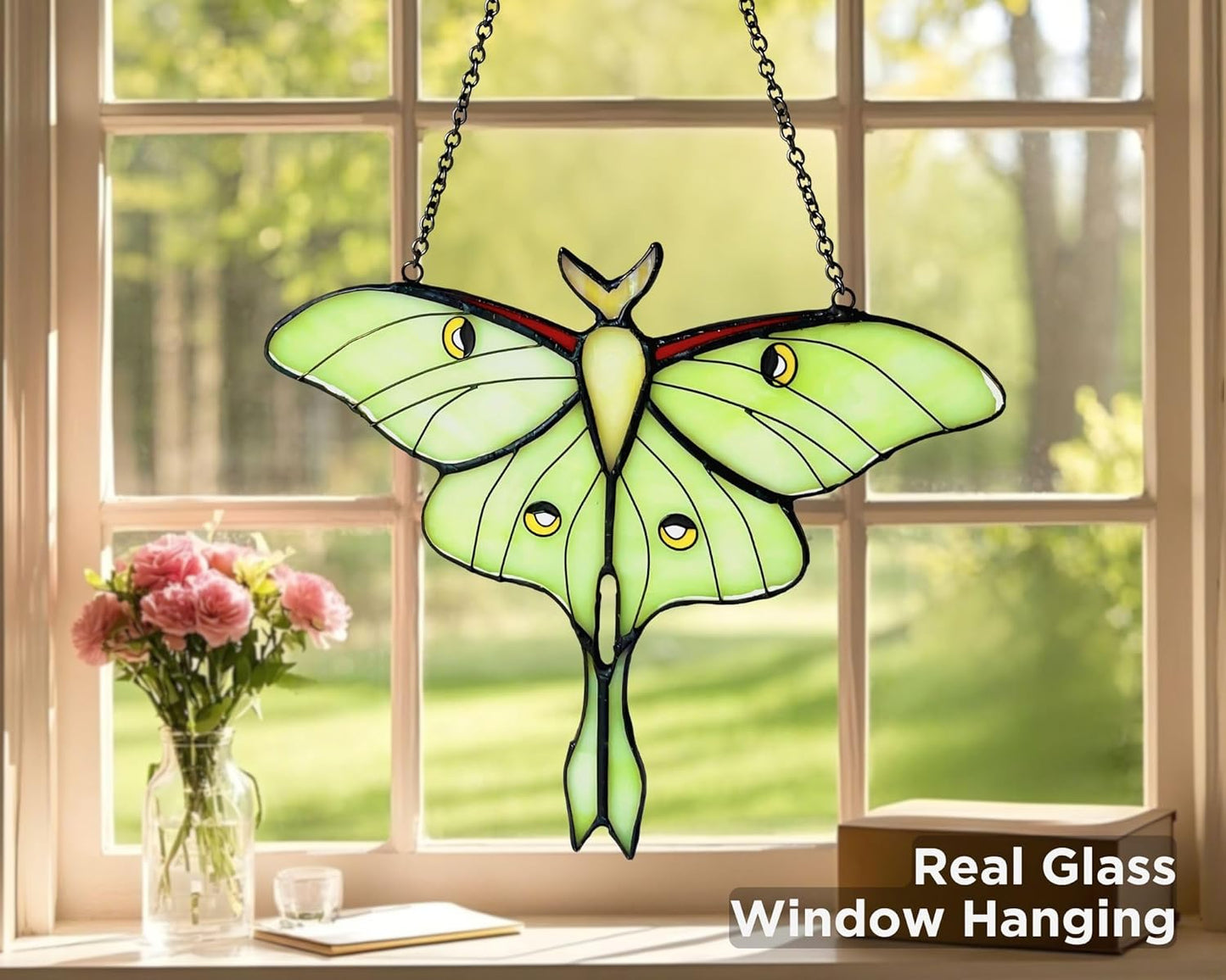 Green Luna Moth Stained Glass Window Hanging - Handmade Real Glass Suncatcher for Women, Mom, Grandma - Elegant Green Butterfly Gifts Box Home Decor (H5.8xW7.3 Inch)