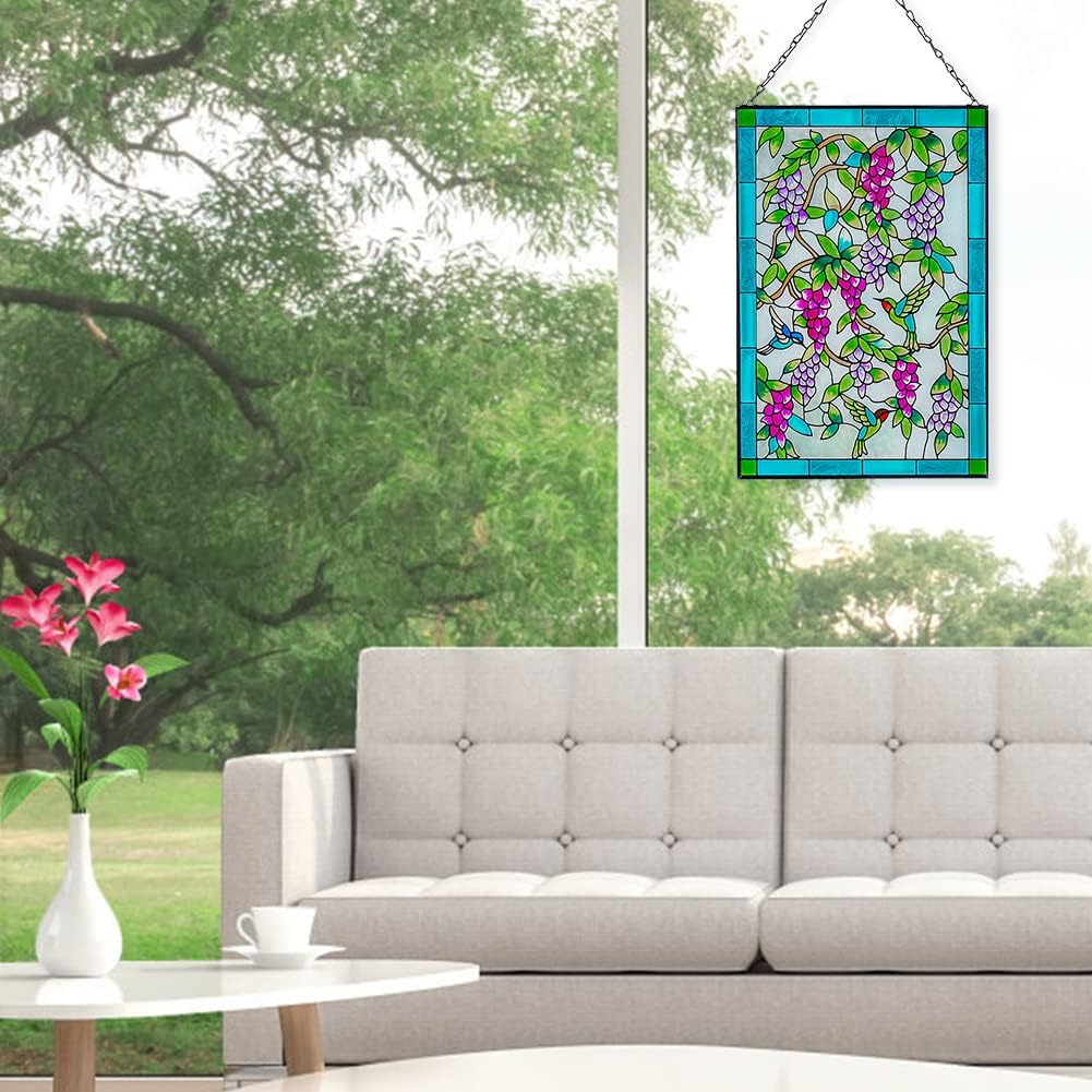 Viveta Hummingbird Stained Glass Window Hanging, Window Suncatchers with Chain, Bird and Flowers Stained Glass Panels for Windows Home Wall Art Decor(Rectangular 15 * 10")