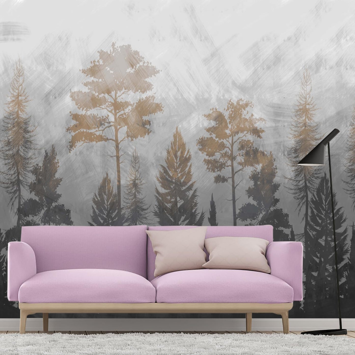 Grey Gold Forest Wallpaper, Beautiful Ink Charm, Mountain Forest, Freehand Bedroom Background Mural(Non-self-Adhesive Wall Stickers)