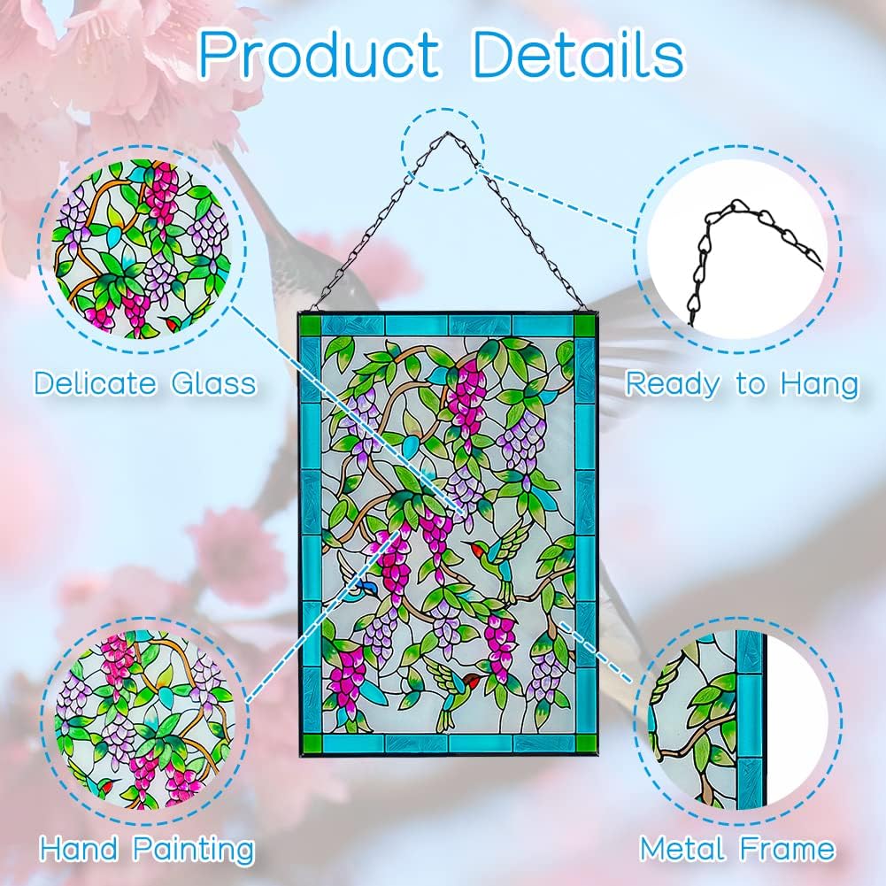 Viveta Hummingbird Stained Glass Window Hanging, Window Suncatchers with Chain, Bird and Flowers Stained Glass Panels for Windows Home Wall Art Decor(Rectangular 15 * 10")