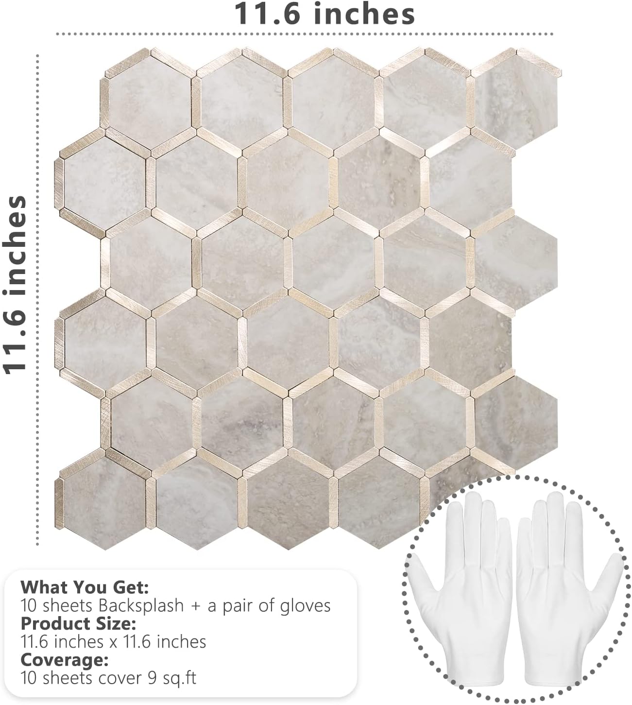 STICKGOO Hexagon Peel and Stick Backsplash Tile, Stick on Backsplash for Kitchen and Bathroom, Beige Marble Look PVC Mixed Metal Gold Self Adhesive Wall Tiles(10 Sheets, Seamless)