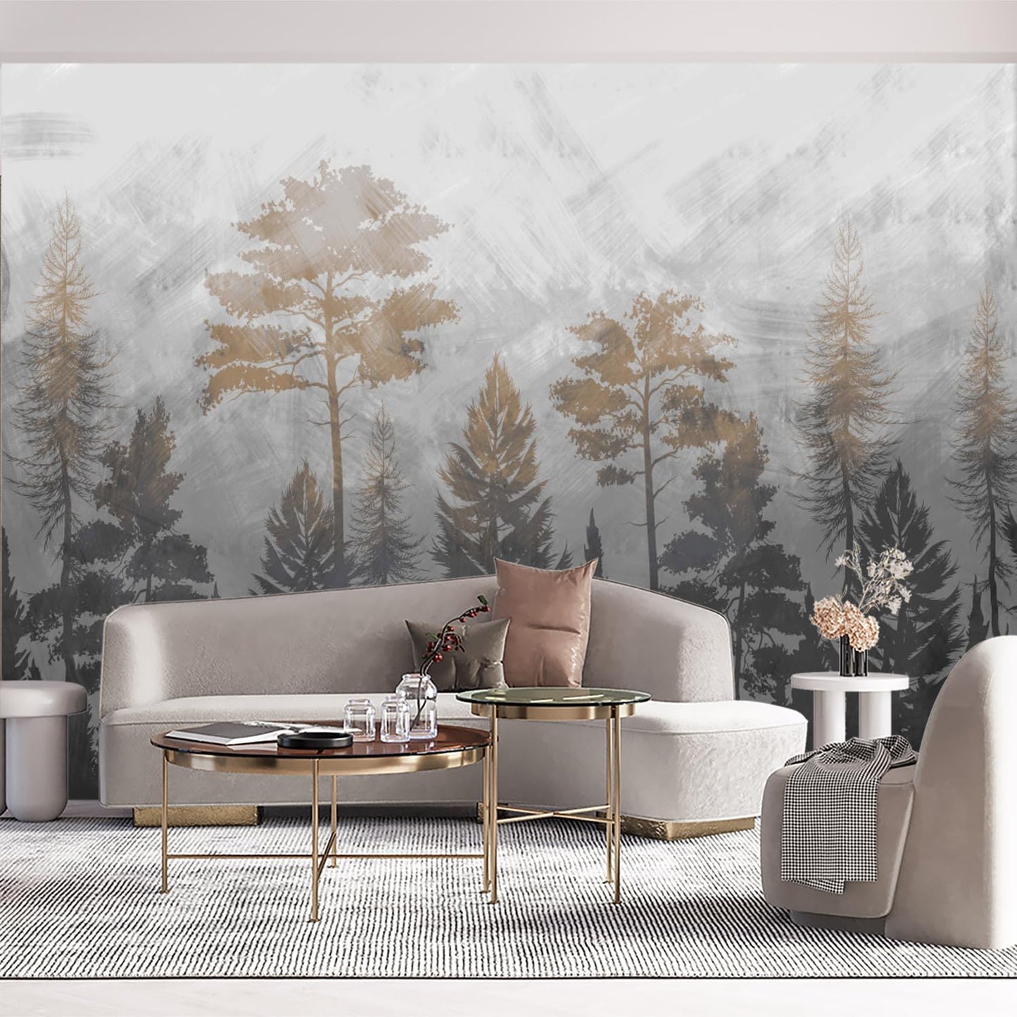 Grey Gold Forest Wallpaper, Beautiful Ink Charm, Mountain Forest, Freehand Bedroom Background Mural(Non-self-Adhesive Wall Stickers)