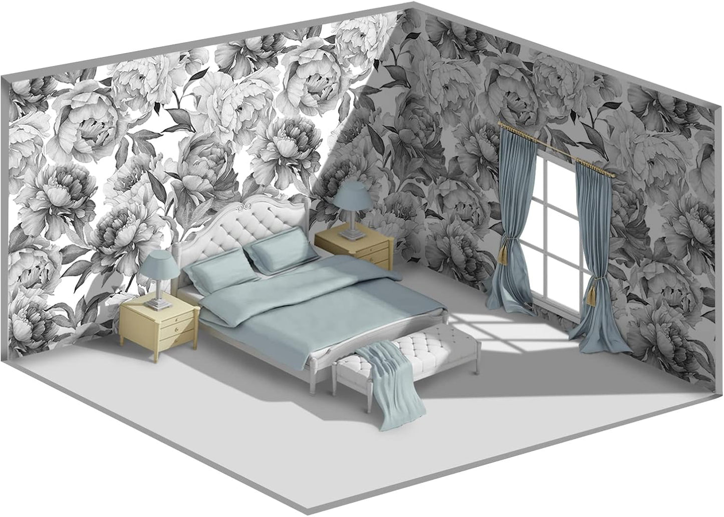 Grey Peony Floral Wallpaper Bedroom Black and White Botanical Flowers Leaf murals Aesthetic Room Decor Living Room tv Background Large Wall Mural - 91"x65" Not Peel and Stick