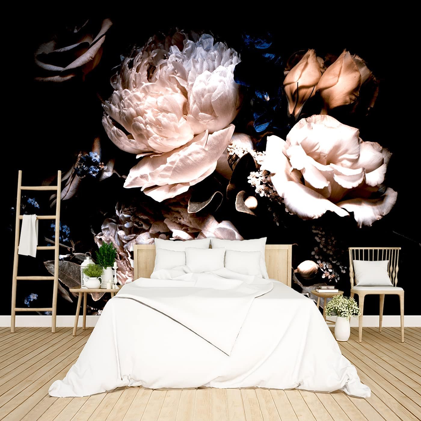 Grey Peony Floral Wallpaper Bedroom Black and White Botanical Flowers Leaf murals Aesthetic Room Decor Living Room tv Background Large Wall Mural - 91"x65" Not Peel and Stick