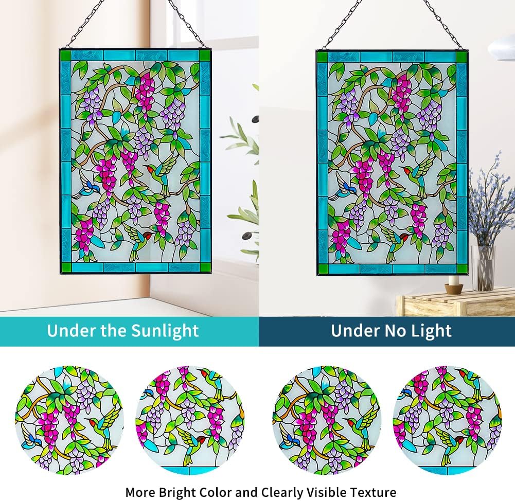 Viveta Hummingbird Stained Glass Window Hanging, Window Suncatchers with Chain, Bird and Flowers Stained Glass Panels for Windows Home Wall Art Decor(Rectangular 15 * 10")