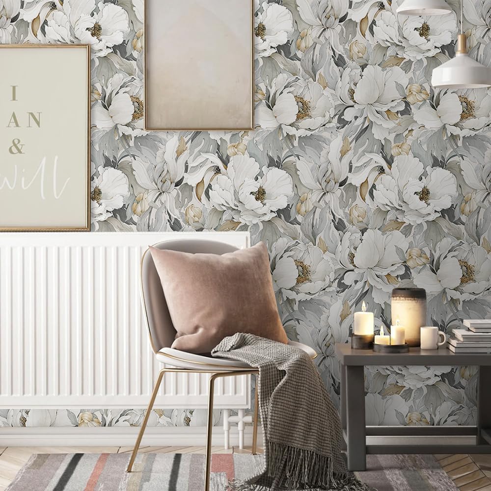 White Poppies Floral Modern Grey Peonies Flowers Peel and Stick Wallpaper Self Adhesive Removable Easy Peel Off Stick on Wall Paper for Bedroom Renter