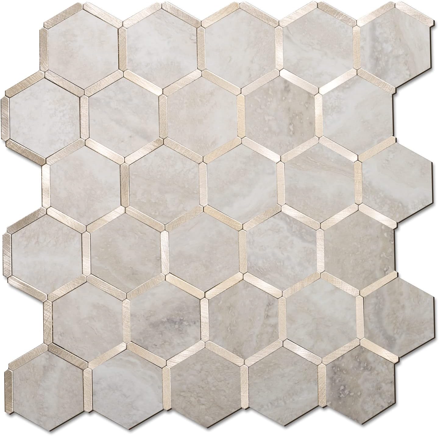 STICKGOO Hexagon Peel and Stick Backsplash Tile, Stick on Backsplash for Kitchen and Bathroom, Beige Marble Look PVC Mixed Metal Gold Self Adhesive Wall Tiles(10 Sheets, Seamless)
