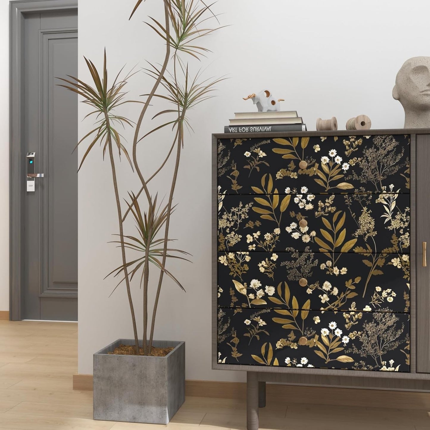 Goth Wallpaper Peel and Stick Dark Floral Wallpaper 17.5'' x 393'' Gold Leaf Contact Paper Vinyl Waterproof Self Adhesive Boho Botanical Wall Paper for Bedroom Cabinet Décor