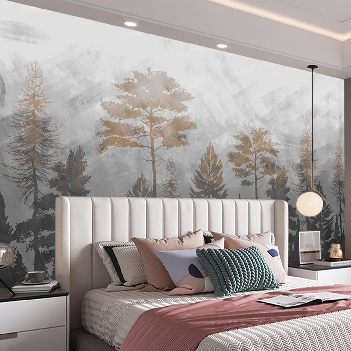 Grey Gold Forest Wallpaper, Beautiful Ink Charm, Mountain Forest, Freehand Bedroom Background Mural(Non-self-Adhesive Wall Stickers)