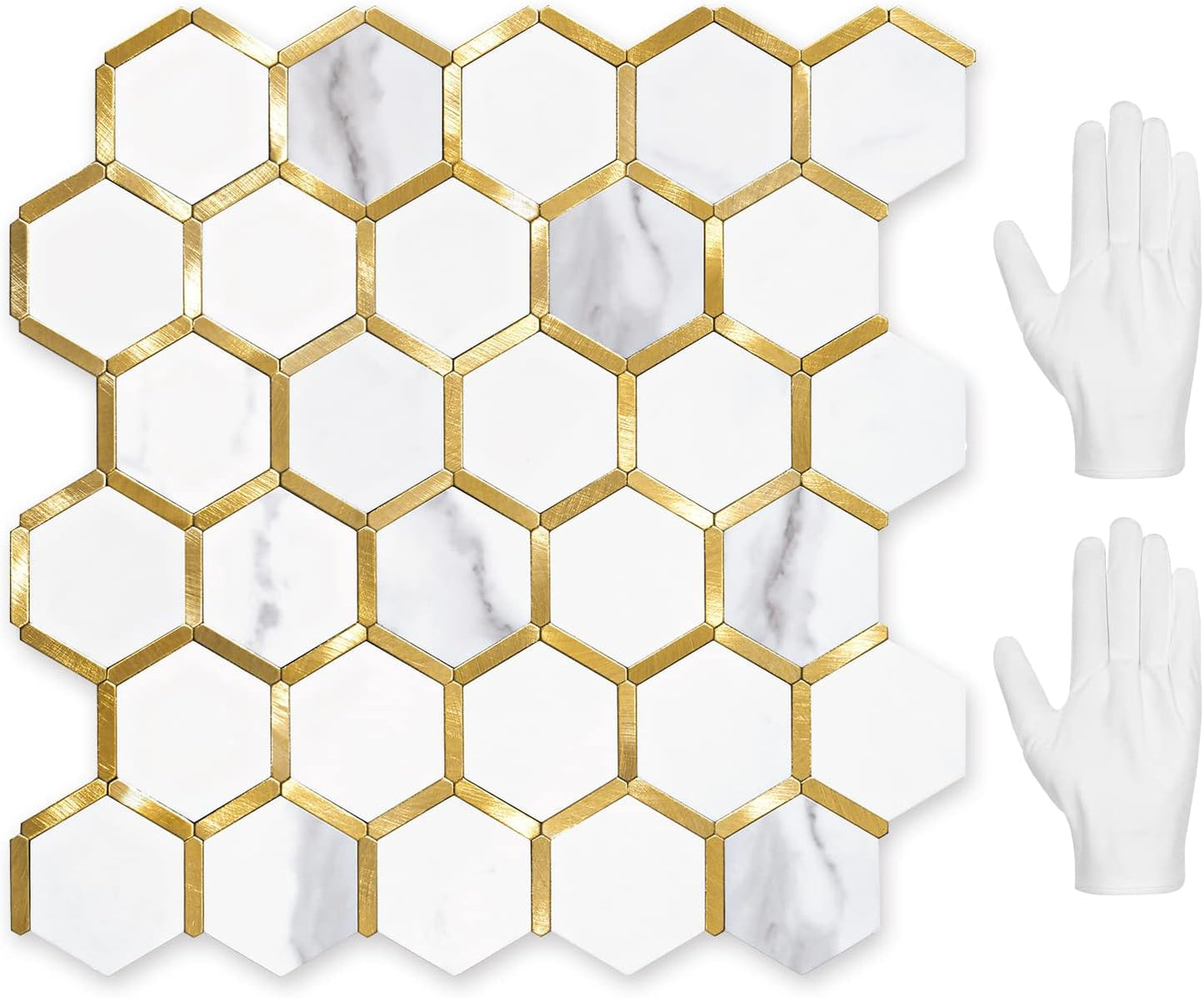 STICKGOO Hexagon Peel and Stick Backsplash Tile, Stick on Backsplash for Kitchen and Bathroom, Beige Marble Look PVC Mixed Metal Gold Self Adhesive Wall Tiles(10 Sheets, Seamless)