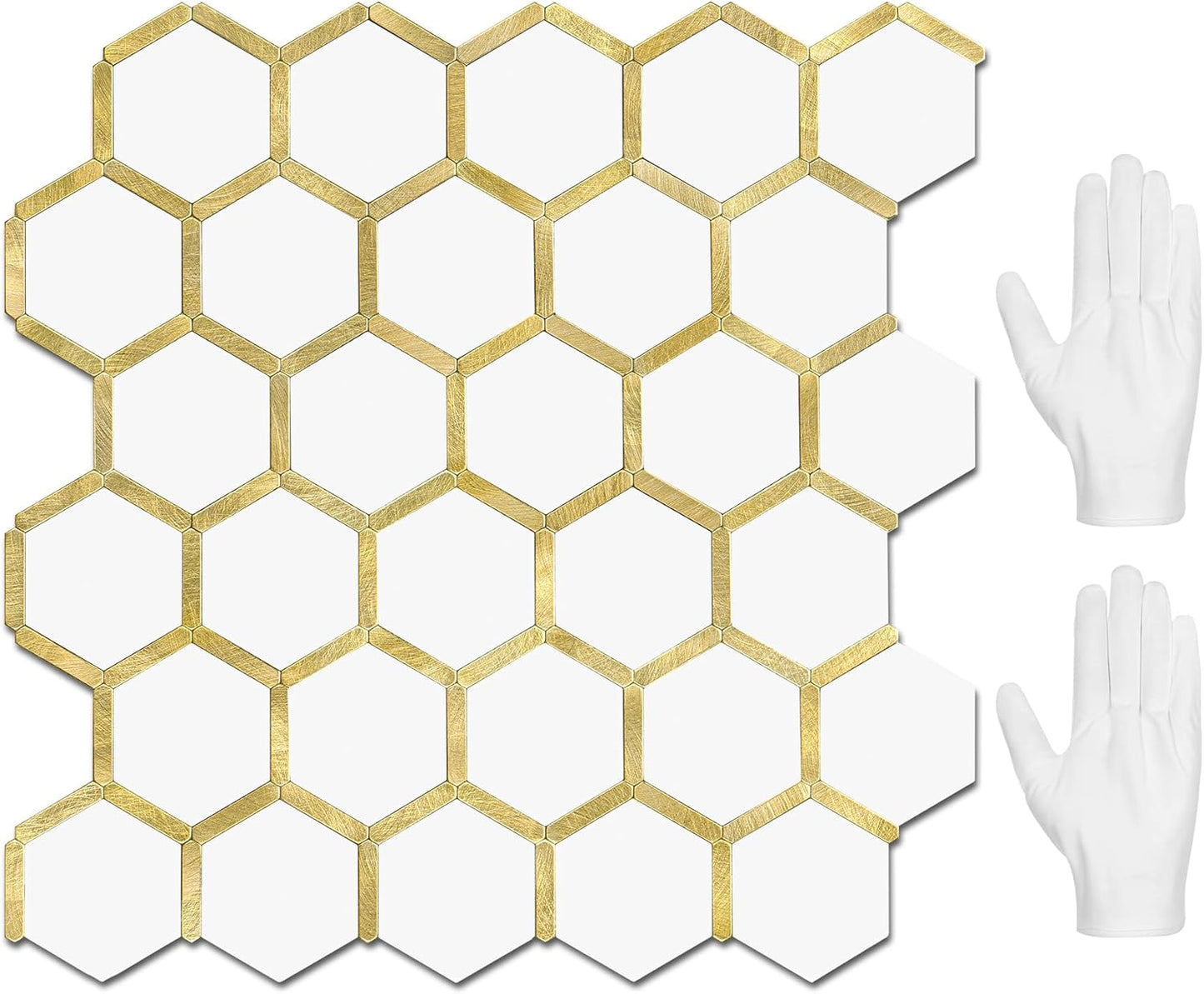 STICKGOO Hexagon Peel and Stick Backsplash Tile, Stick on Backsplash for Kitchen and Bathroom, Beige Marble Look PVC Mixed Metal Gold Self Adhesive Wall Tiles(10 Sheets, Seamless)