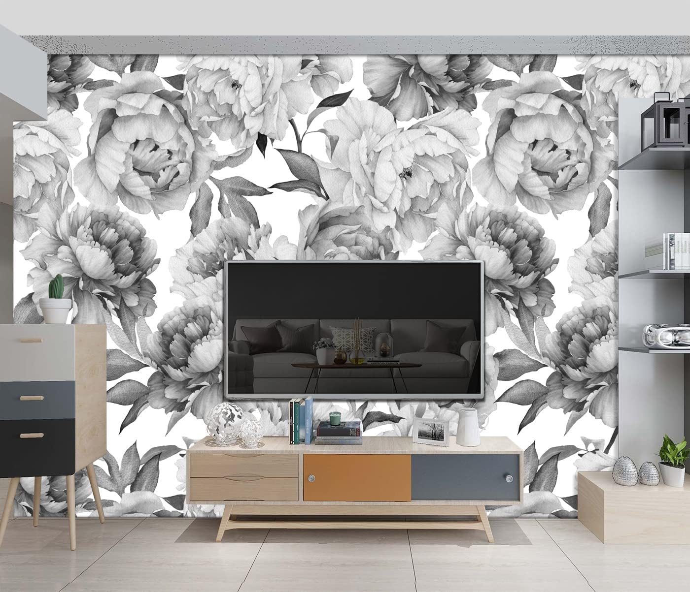 Grey Peony Floral Wallpaper Bedroom Black and White Botanical Flowers Leaf murals Aesthetic Room Decor Living Room tv Background Large Wall Mural - 91"x65" Not Peel and Stick