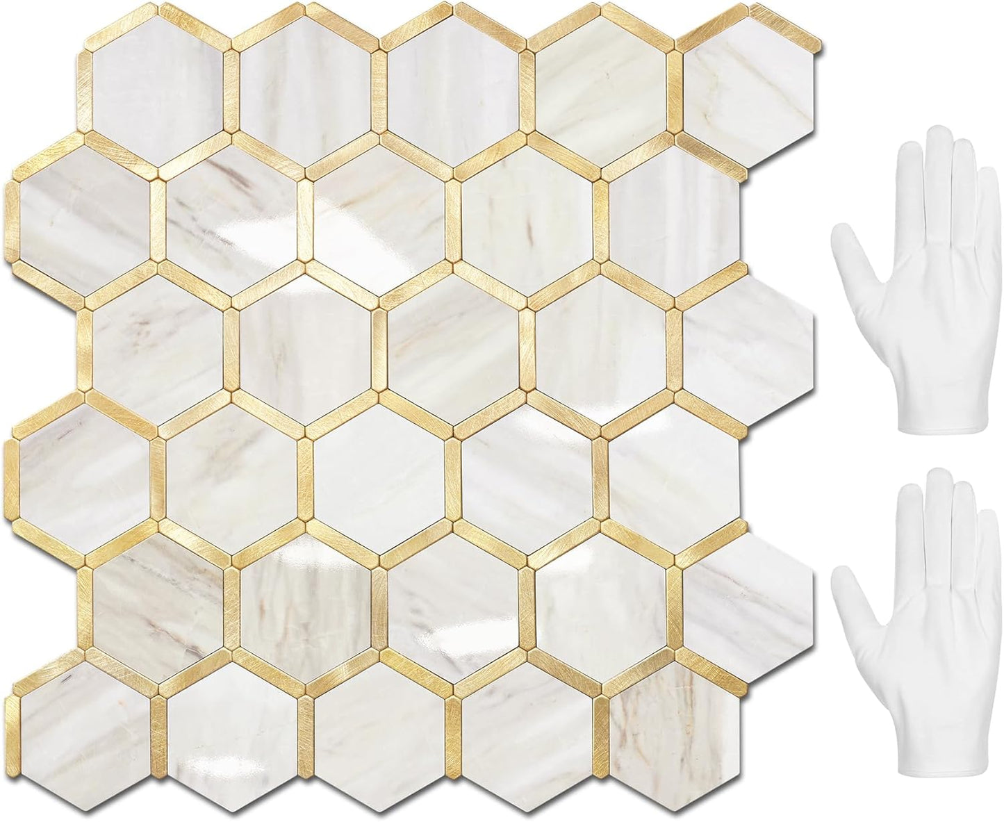 STICKGOO Hexagon Peel and Stick Backsplash Tile, Stick on Backsplash for Kitchen and Bathroom, Beige Marble Look PVC Mixed Metal Gold Self Adhesive Wall Tiles(10 Sheets, Seamless)
