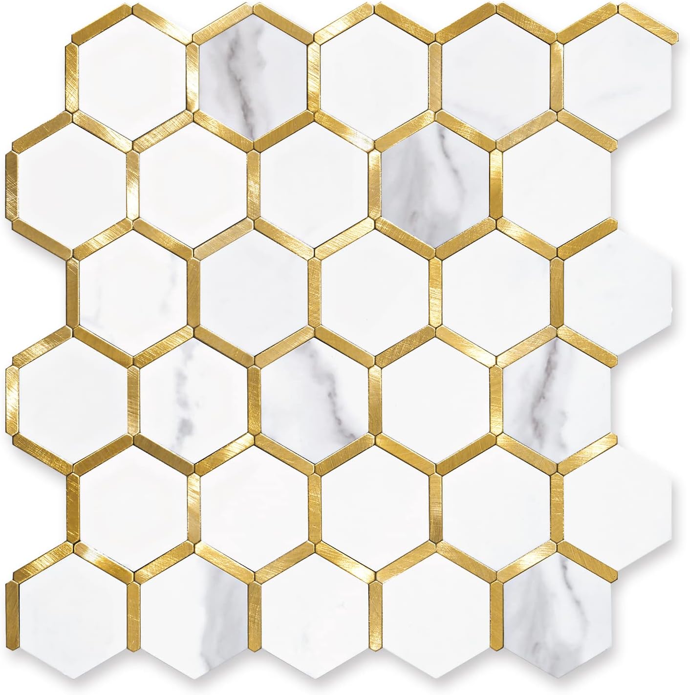 STICKGOO Hexagon Peel and Stick Backsplash Tile, Stick on Backsplash for Kitchen and Bathroom, Beige Marble Look PVC Mixed Metal Gold Self Adhesive Wall Tiles(10 Sheets, Seamless)