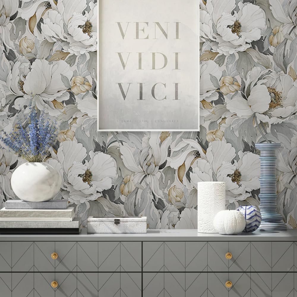 White Poppies Floral Modern Grey Peonies Flowers Peel and Stick Wallpaper Self Adhesive Removable Easy Peel Off Stick on Wall Paper for Bedroom Renter