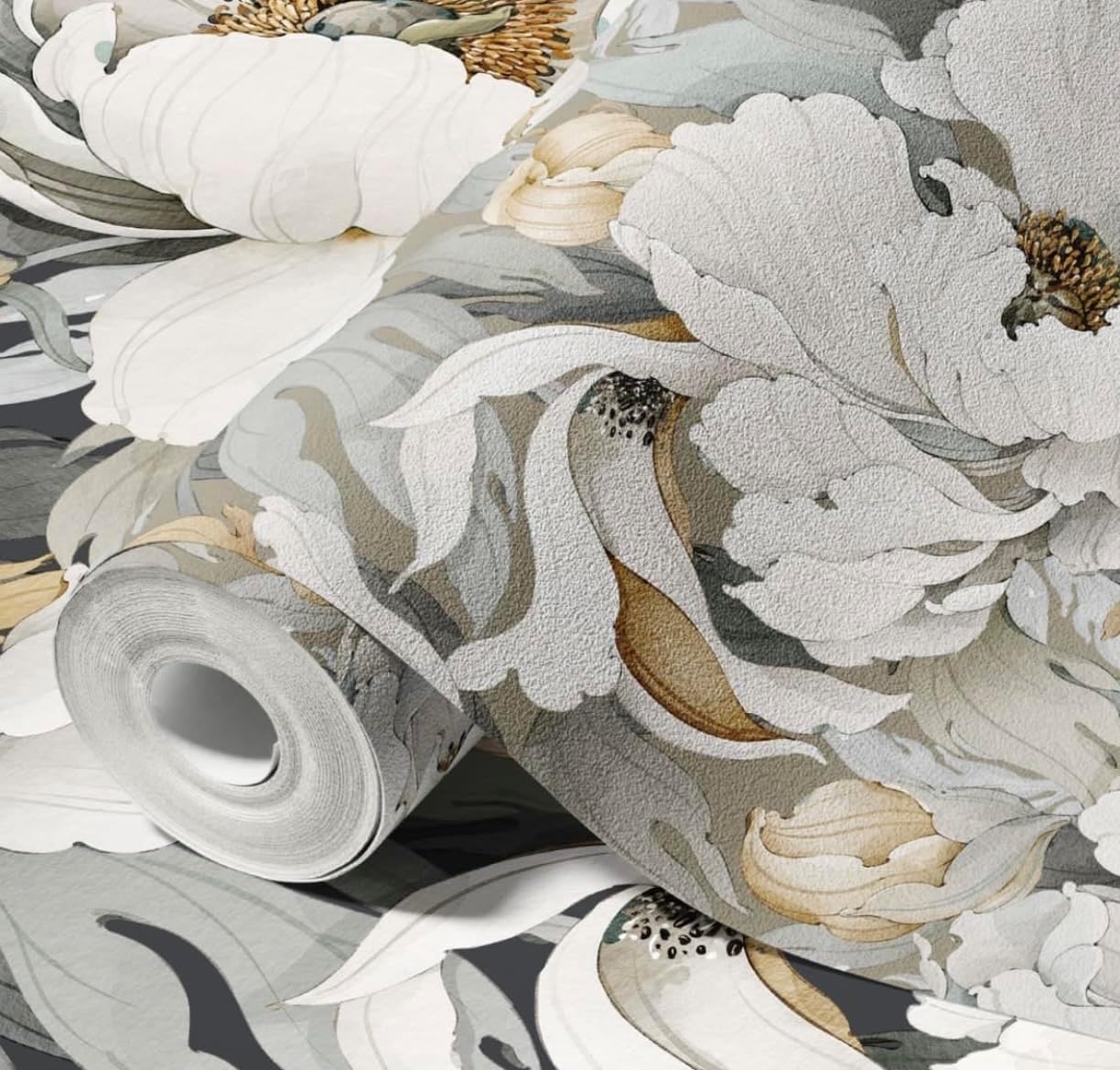 White Poppies Floral Modern Grey Peonies Flowers Peel and Stick Wallpaper Self Adhesive Removable Easy Peel Off Stick on Wall Paper for Bedroom Renter
