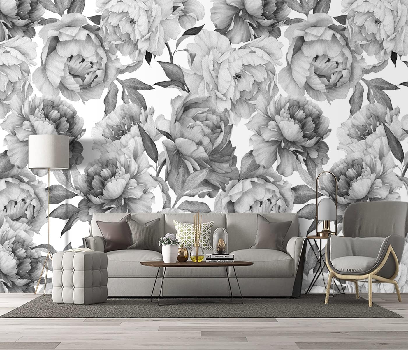 Grey Peony Floral Wallpaper Bedroom Black and White Botanical Flowers Leaf murals Aesthetic Room Decor Living Room tv Background Large Wall Mural - 91"x65" Not Peel and Stick