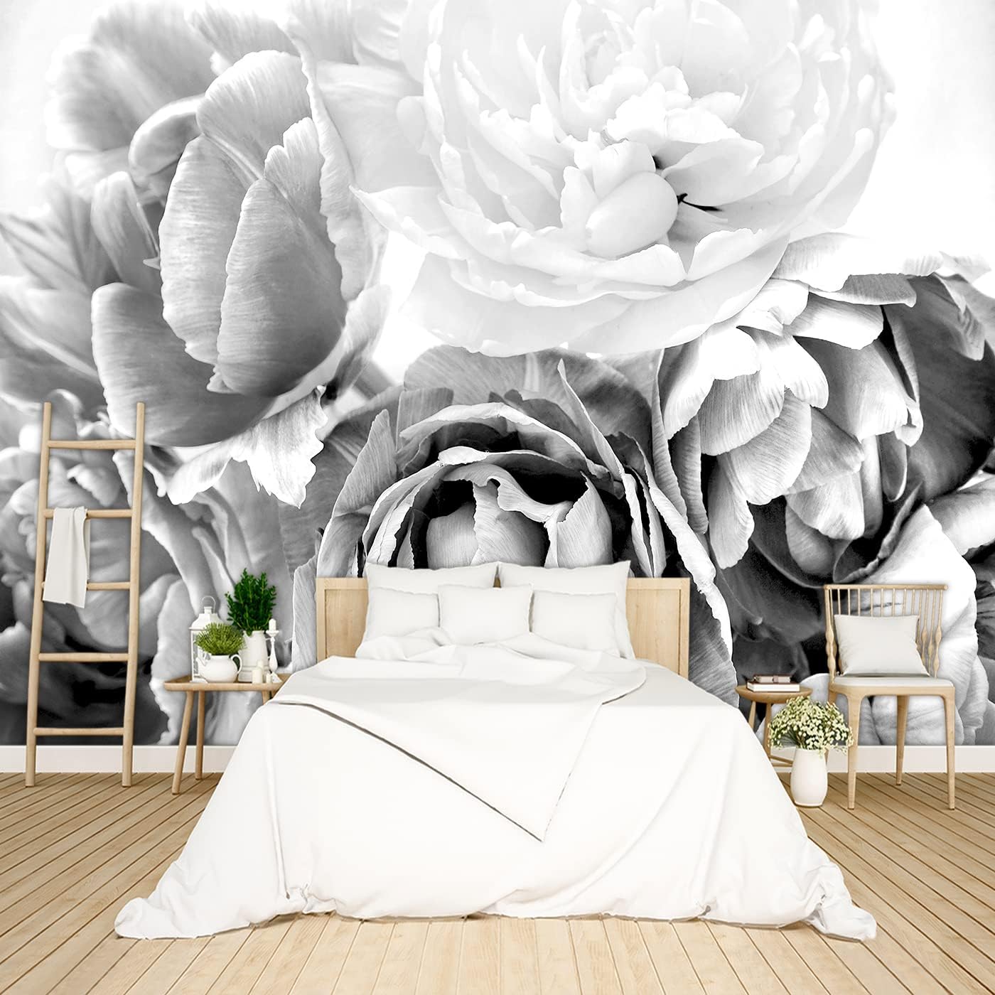 Grey Peony Floral Wallpaper Bedroom Black and White Botanical Flowers Leaf murals Aesthetic Room Decor Living Room tv Background Large Wall Mural - 91"x65" Not Peel and Stick