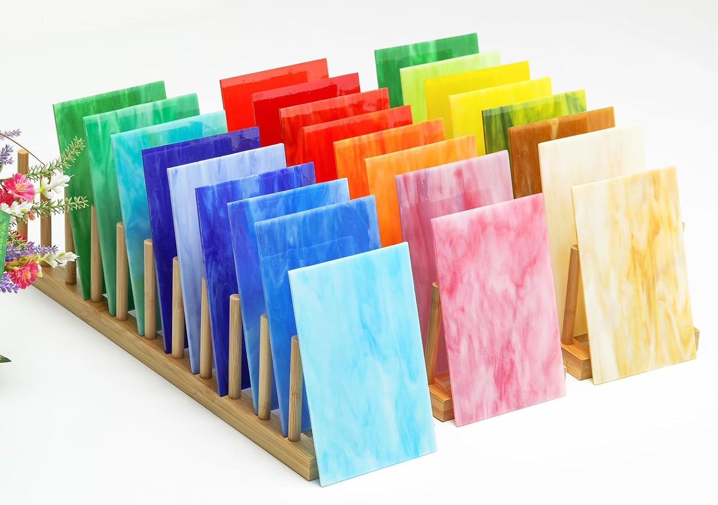 Lanyani 26 Sheets Sparkly Iridescent Stained Glass Sheets Variety Assortment Pack, Opaque Shimmery Art Glass Sheets for Mosaic DIY Glass Crafts,4x6 inches
