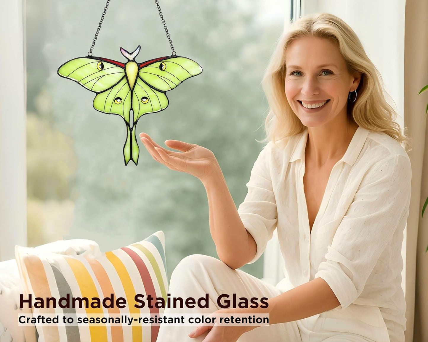 Green Luna Moth Stained Glass Window Hanging - Handmade Real Glass Suncatcher for Women, Mom, Grandma - Elegant Green Butterfly Gifts Box Home Decor (H5.8xW7.3 Inch)