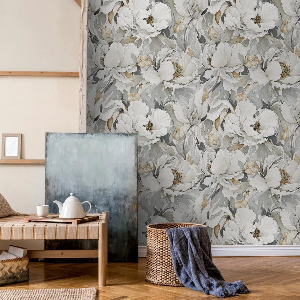 White Poppies Floral Modern Grey Peonies Flowers Peel and Stick Wallpaper Self Adhesive Removable Easy Peel Off Stick on Wall Paper for Bedroom Renter