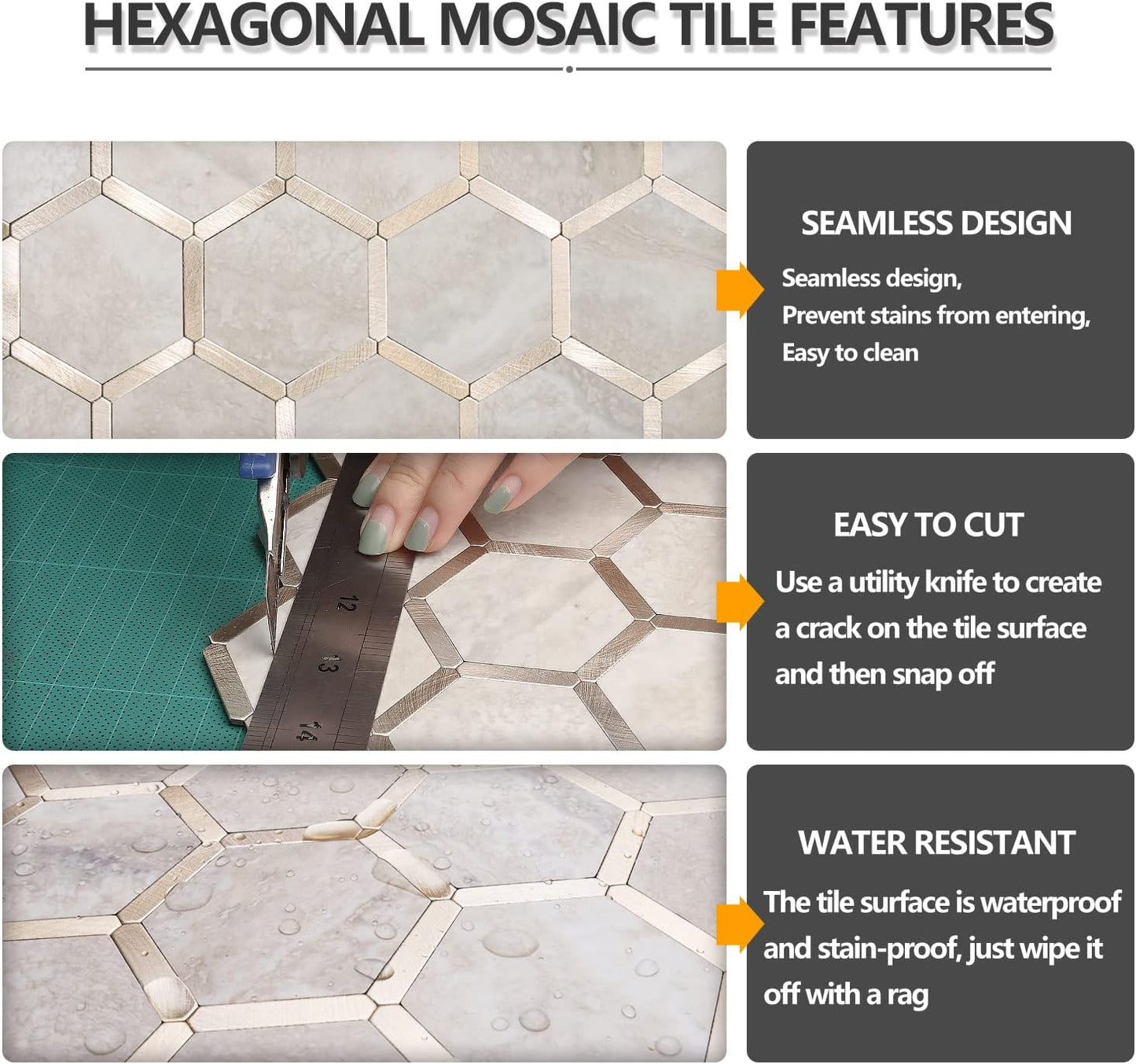 STICKGOO Hexagon Peel and Stick Backsplash Tile, Stick on Backsplash for Kitchen and Bathroom, Beige Marble Look PVC Mixed Metal Gold Self Adhesive Wall Tiles(10 Sheets, Seamless)