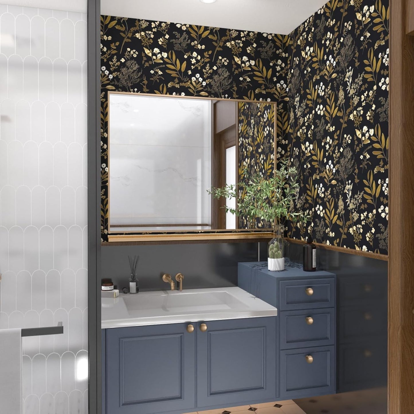 Goth Wallpaper Peel and Stick Dark Floral Wallpaper 17.5'' x 393'' Gold Leaf Contact Paper Vinyl Waterproof Self Adhesive Boho Botanical Wall Paper for Bedroom Cabinet Décor