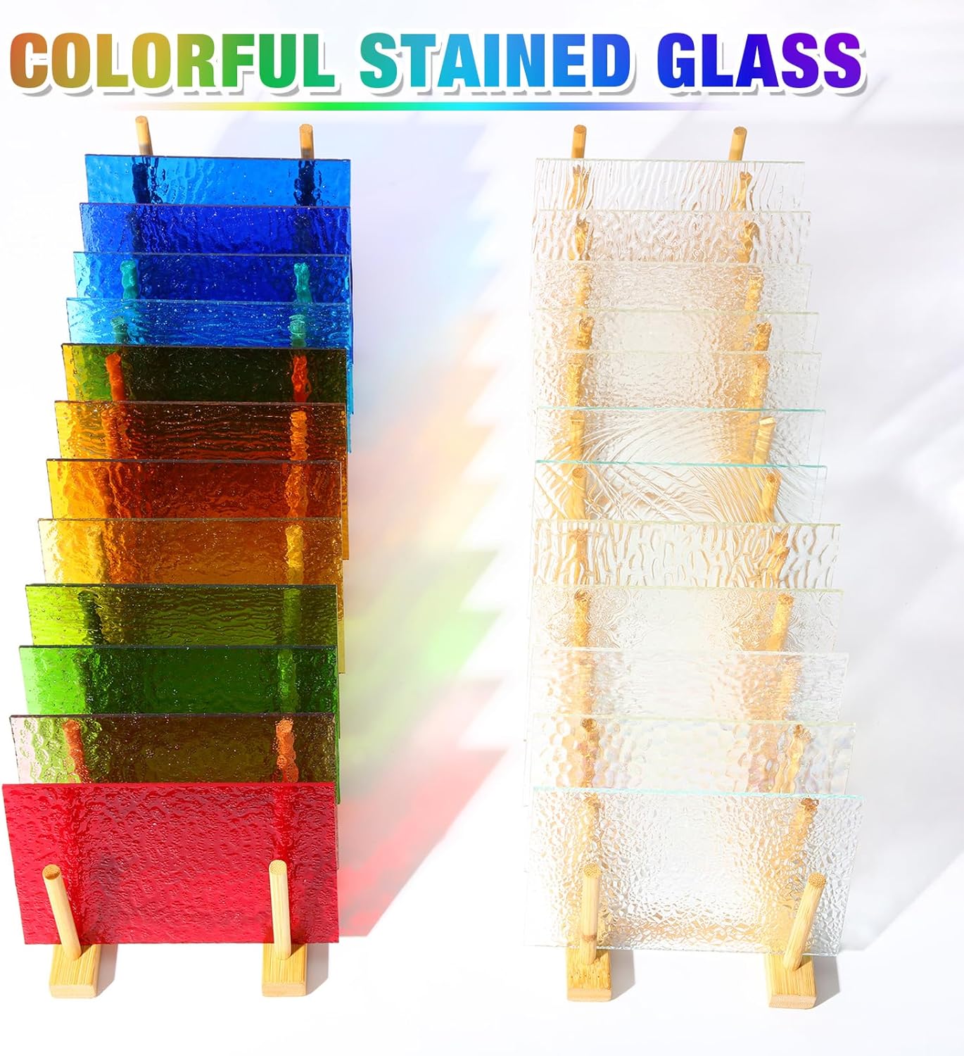 Nuanchu 72 Sheets Variety Stained Glass Sheets Pack 4 x 6 Inch Cathedral Art Glass Supplies Mosaic Tiles Transparent Iridescent Streaky 6 Color Schemes for Crafts Bright Color for DIY Home