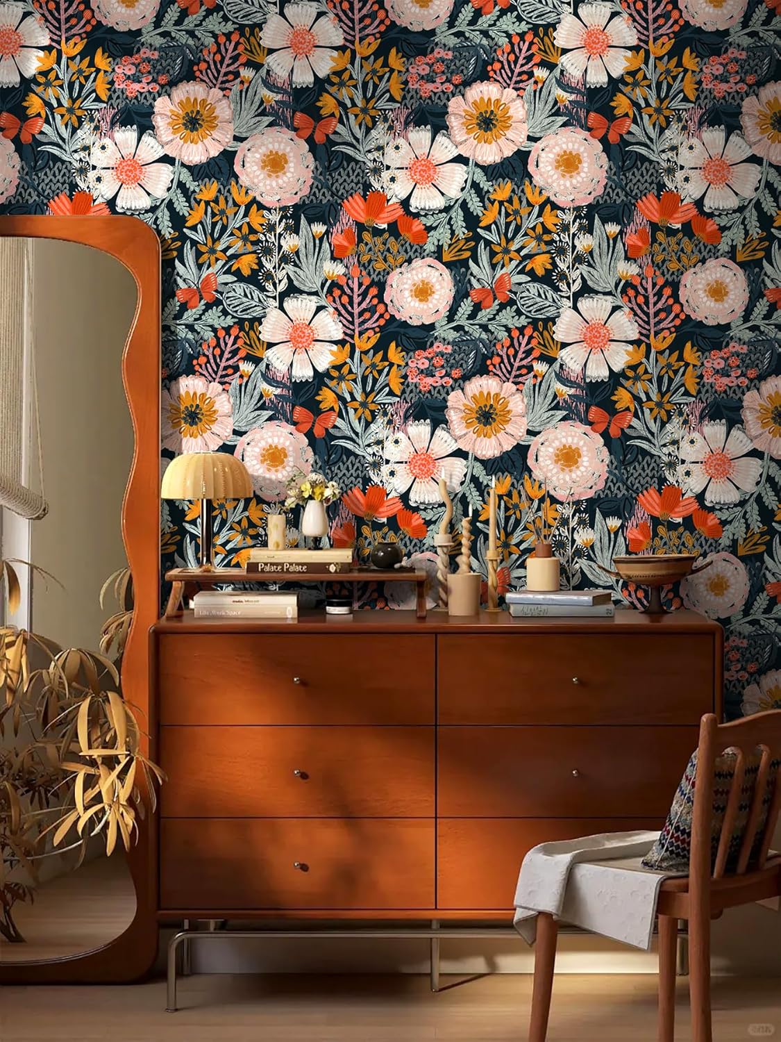 HAOKHOME Boho Peel and Stick Wallpaper Floral Wall Paper Removable for Bedroom Navy/Pink/Orange Contact Paper 17.3in x 32.8ft