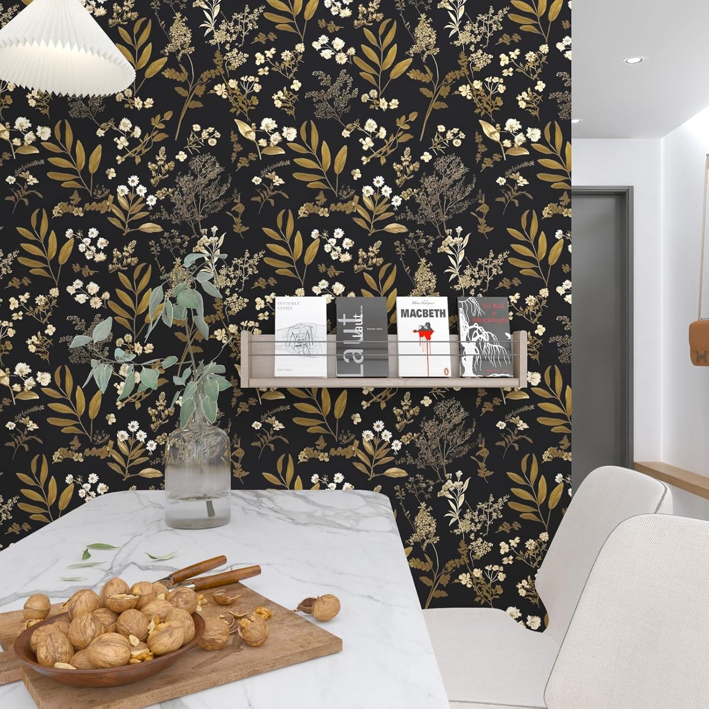 Goth Wallpaper Peel and Stick Dark Floral Wallpaper 17.5'' x 393'' Gold Leaf Contact Paper Vinyl Waterproof Self Adhesive Boho Botanical Wall Paper for Bedroom Cabinet Décor