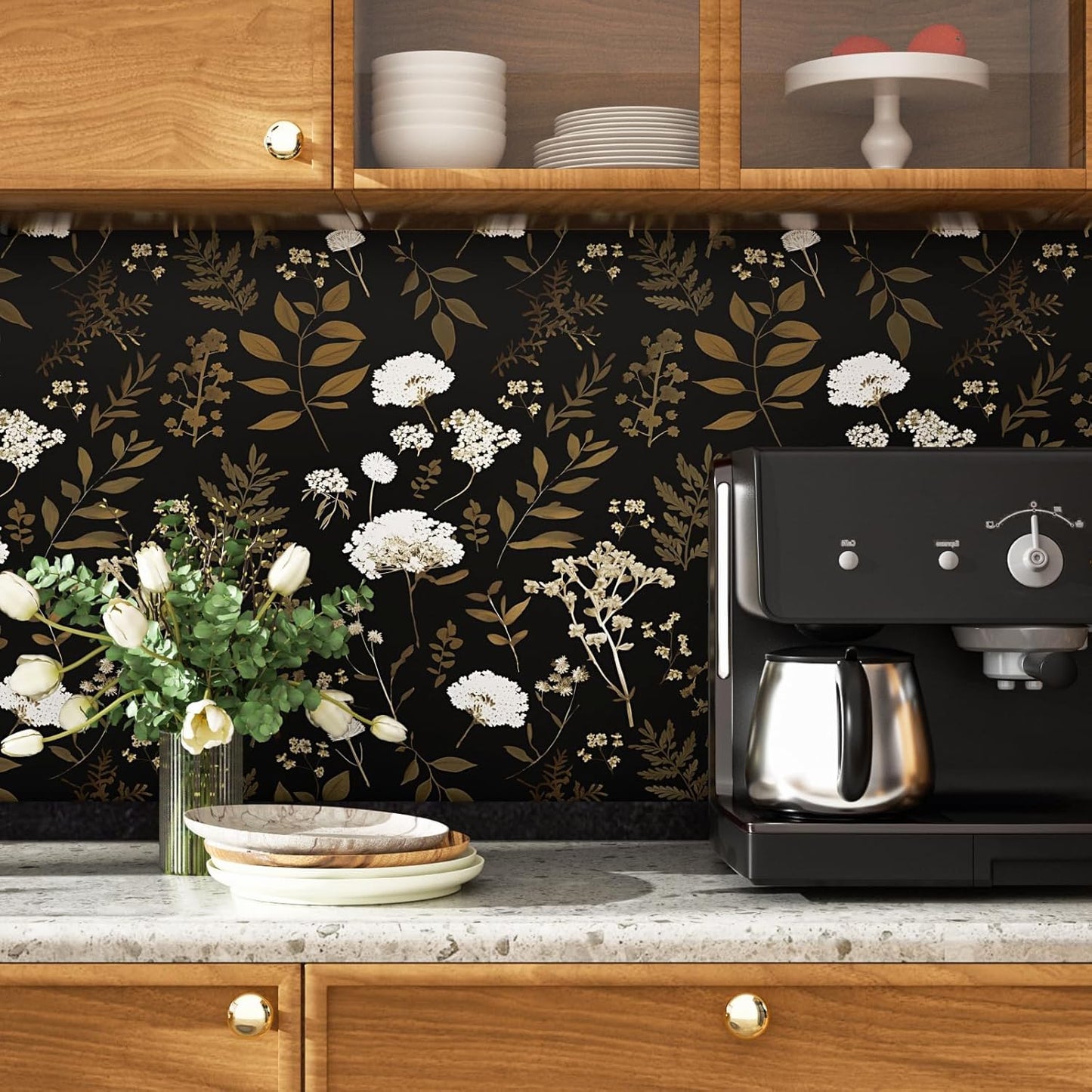 Dark Floral Wallpaper Peel and Stick Boho Wallpaper 17.5in x 393in Vintage Leaf Contact Paper Vinyl Waterproof Self Adhesive Leaf Botanical Wall Paper for Bedroom Walls Kitchen Cabinet